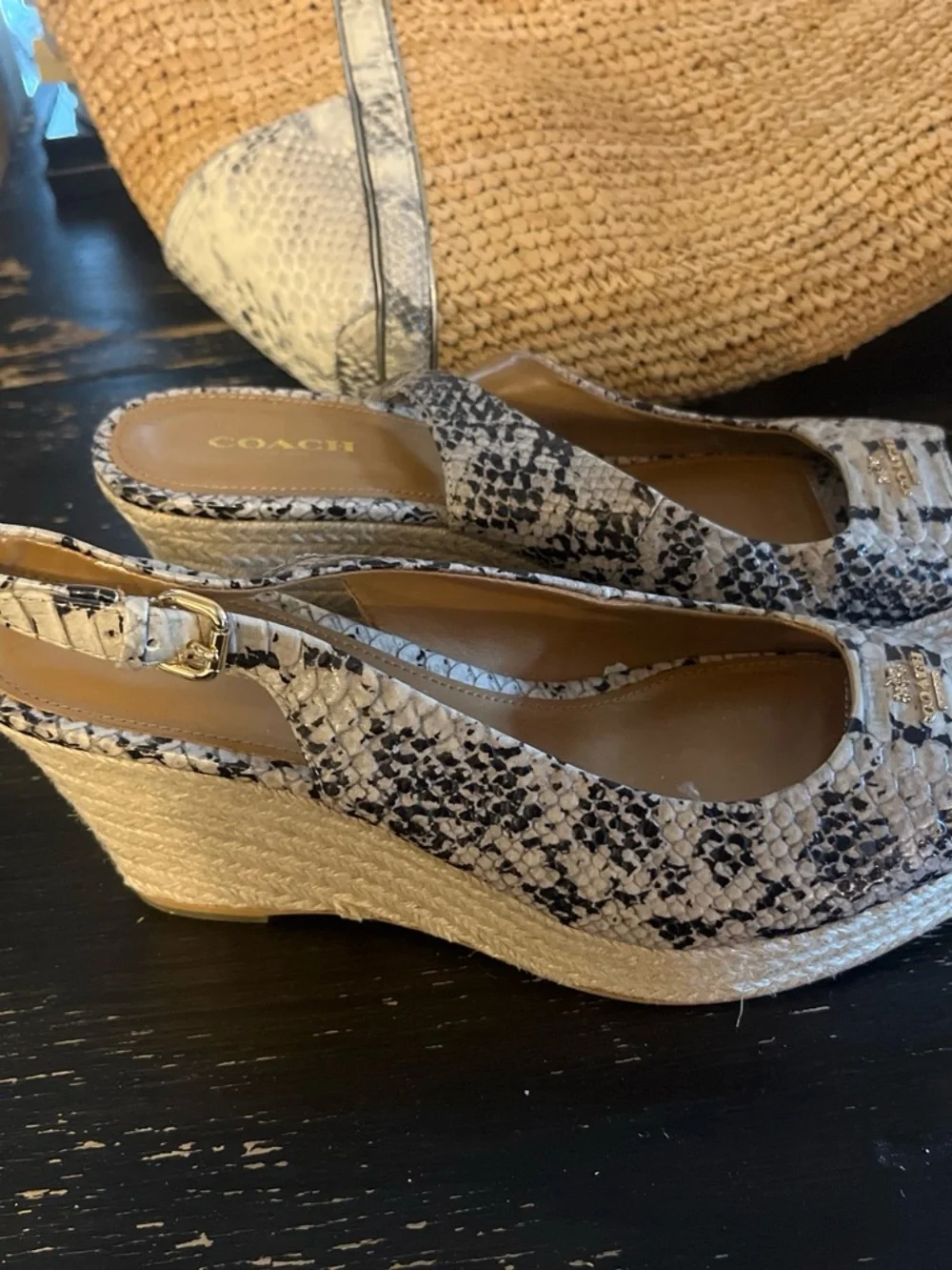 COACH Black & White Snake-Embossed Slingback Heels